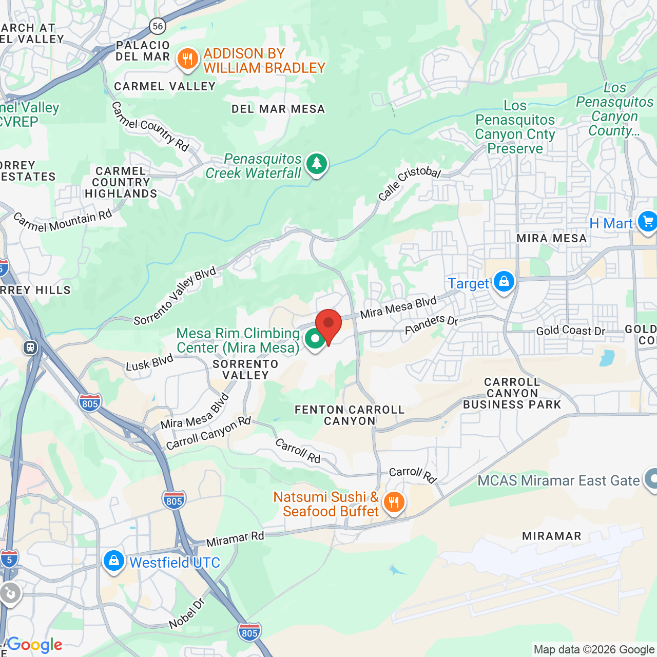 Google map image of our location in 6825 Flanders Dr San Diego, CA